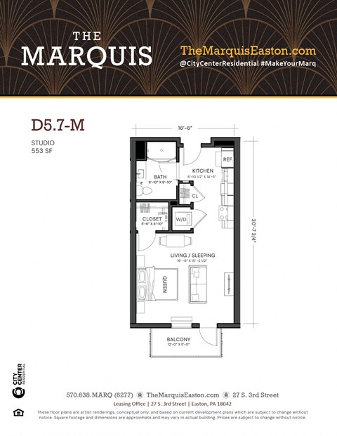 A floor plan for a studio apartment at The Marquis Easton.