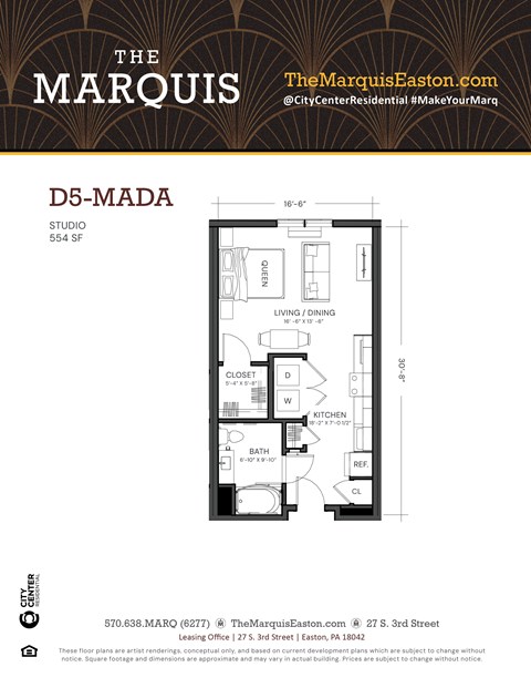 A floor plan for a studio apartment at The Marquis Easton.