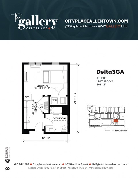 studio 1 bath G at The Gallery Apartment Homes Apartments, Pennsylvania, 18101