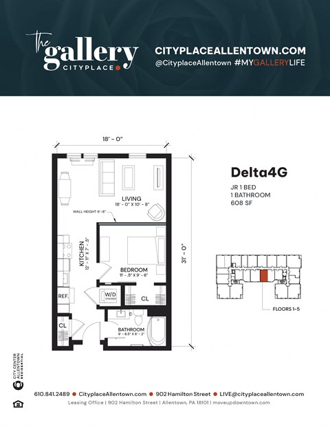 1 bedroom 1 bath B at The Gallery Apartment Homes Apartments, Allentown, PA