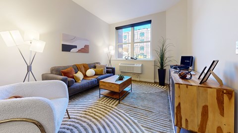 A living room with a grey couch, a wooden coffee table, a striped carpet, and a window with a view of a building outside.