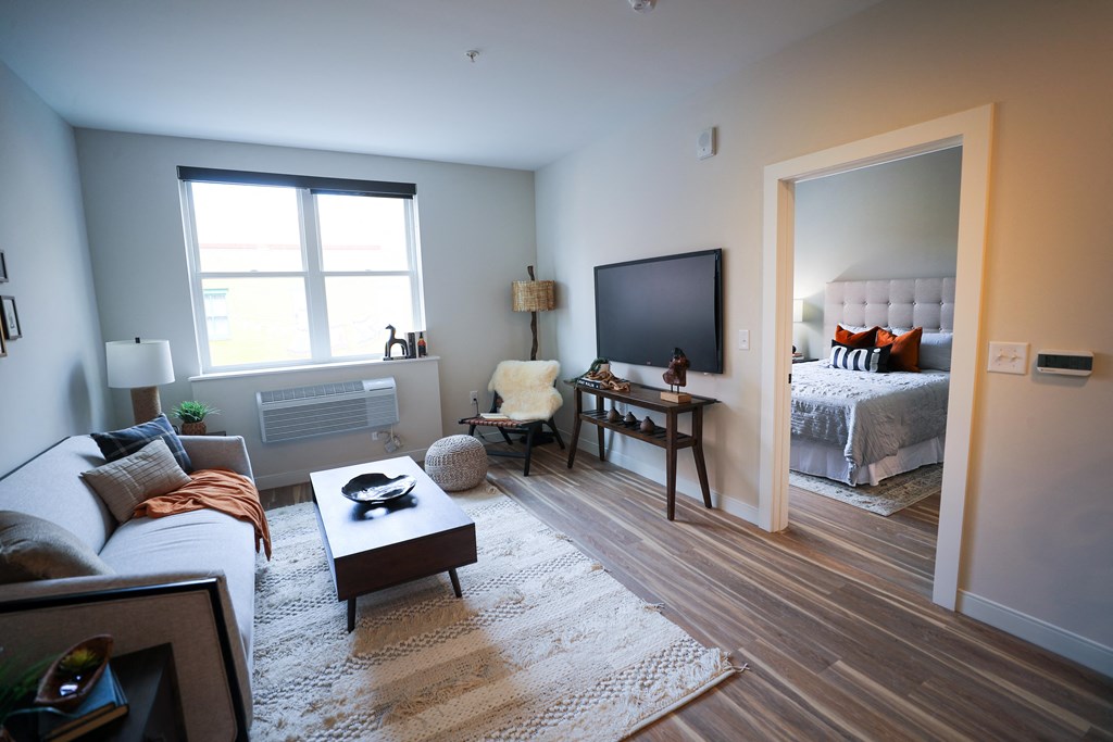 A living room with a couch, a coffee table, and a television.