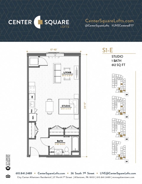 S1E Floor Plan at Center Square Lofts East, Allentown, 18101