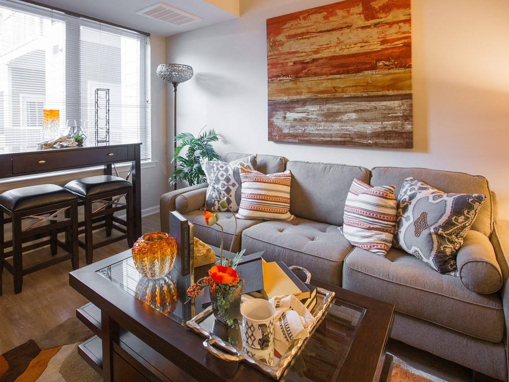 a living room with a couch and a coffee table