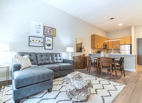 A grey sofa with a white pillow is in the middle of a room with a wooden table and chairs at The Hive Apartments, Allentown