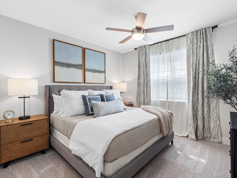 A bedroom with a large bed, a ceiling fan, and a plant.