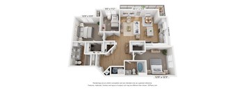 A 3D floor plan of a house with a living room, kitchen, and three bedrooms.