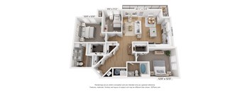 A 3D floor plan of a house with a living room, kitchen, and two bedrooms.