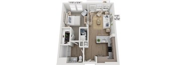 an one bedroom one bathroom floor plan at a senior apartment community