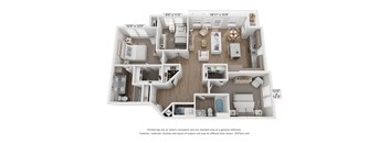 A 3D floor plan of a house with a kitchen, living room, and bathrooms.