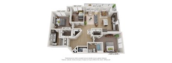 A 3D floor plan of a three-bedroom apartment with dimensions and a disclaimer.
