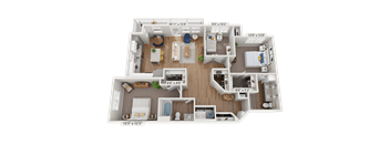 A detailed 3D floor plan of a three-bedroom apartment.