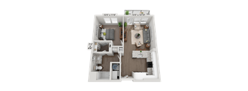 A 3D floor plan of a house showing a living room, kitchen, and two bedrooms.