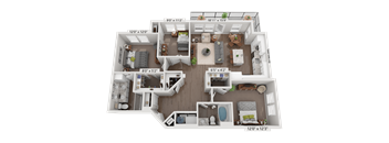 A detailed 3D floor plan of a three-bedroom apartment with dimensions and room layout.