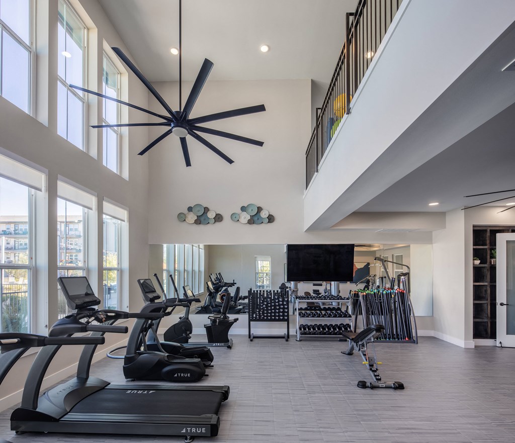 a gym with treadmills and weights and a tv on the wall