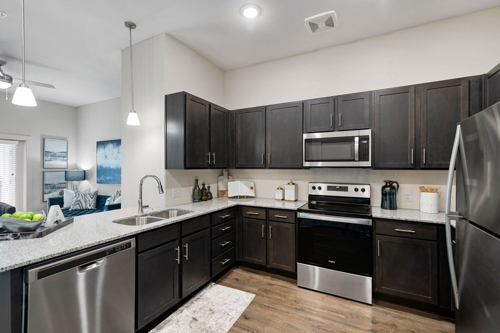 an open kitchen with black cabinets and stainless steel appliances