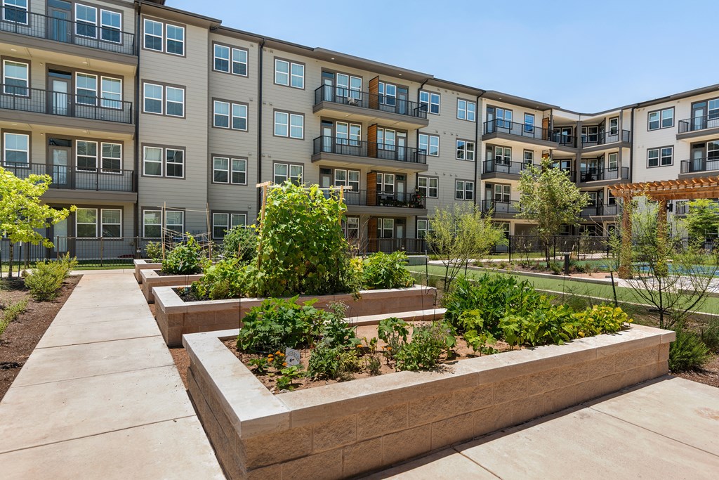 an urban garden in front of an apartment building