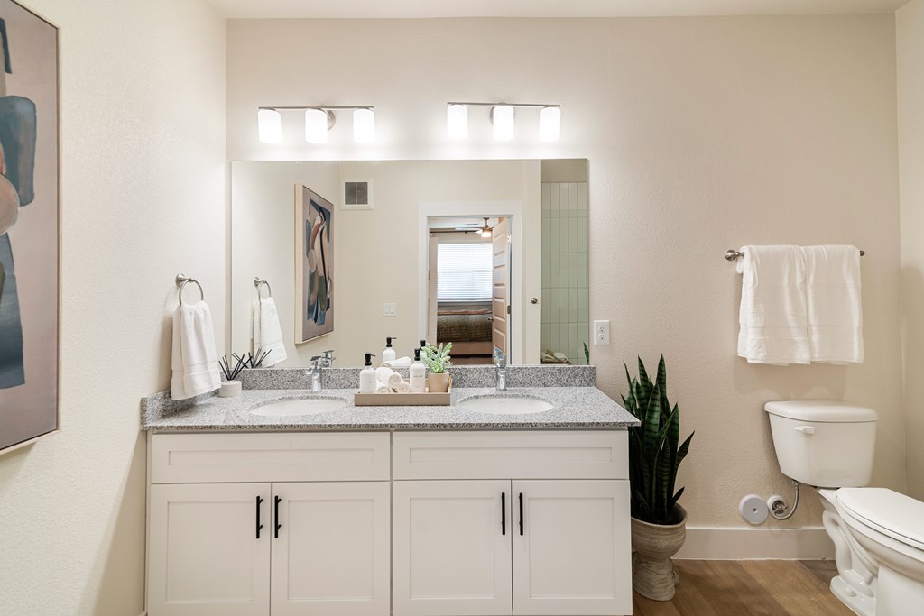 A bathroom with a double sink vanity and a toilet.