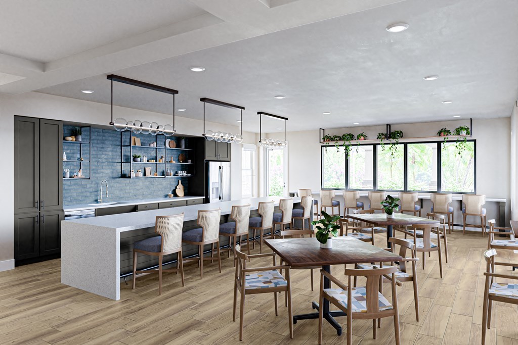 a rendering of the dining room and kitchen of the new building