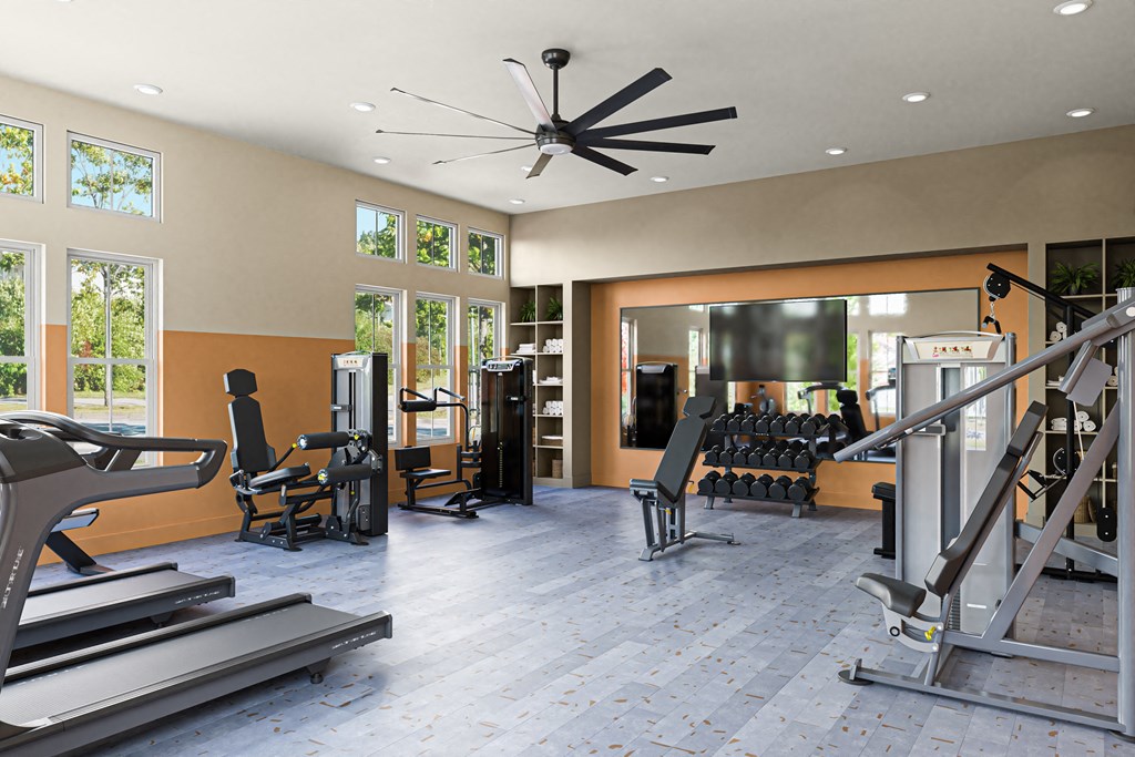 a gym with treadmills and other exercise equipment