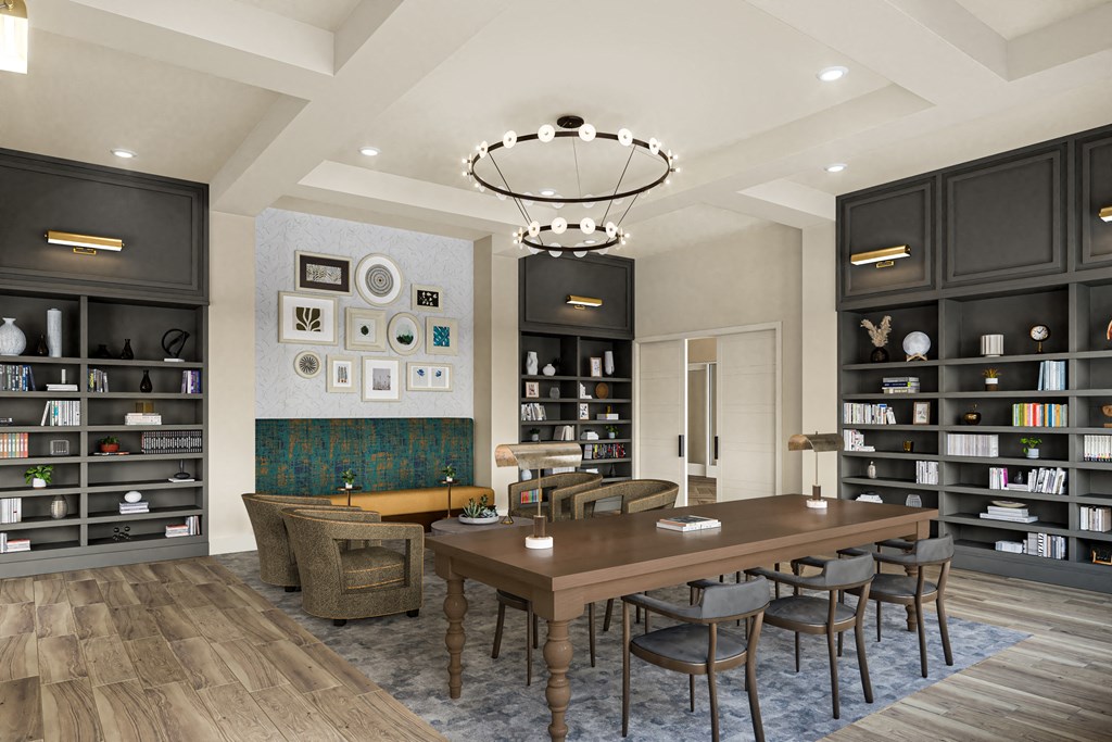 a rendering of a library with a large table and chairs