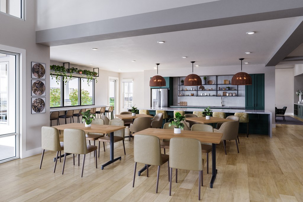 a picture of a restaurant with wooden tables and chairs and a kitchen in the background