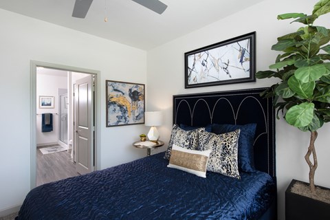 a bedroom with a queen-sized bed and ceiling fan at a senior apartment community