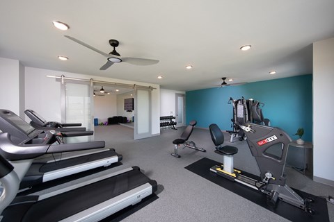 a gym with workout machines and equipment at a senior apartment community