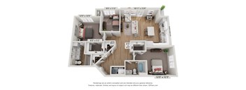 A 3D floor plan of a house with a living room, kitchen, and two bedrooms.