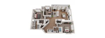 A 3 bedroom apartment with a kitchen and two bathrooms