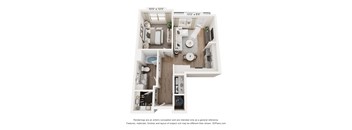 A 3D floor plan of a small apartment with a kitchen, living room, and bathroom.