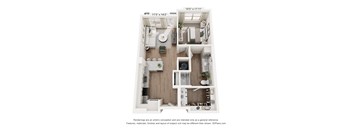 A floor plan of a small apartment with a kitchen, living room, and bathroom.