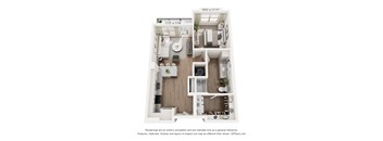 A 3D floor plan of a small apartment with a kitchen, living room, and bathroom.