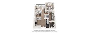 A 3D floor plan of a house with a kitchen, living room, and bathroom.
