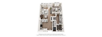 A 3D floor plan of a house with a kitchen, living room, and bathroom.