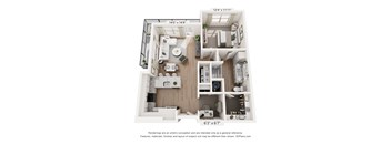 A 3D floor plan of a house with a kitchen, living room, and two bedrooms.