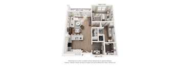A 3D floor plan of a small apartment with a kitchen, living room, and bathroom.