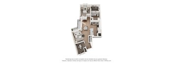 A 3D floor plan of a house with a kitchen, living room, and two bedrooms.