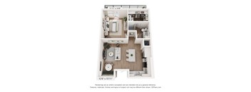 A 3D floor plan of a small apartment with a kitchen, living room, and bathroom.