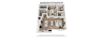 A 3D floor plan of a small apartment with a kitchen, living room, and bathroom.