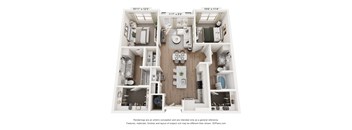 A 3D floor plan of a small apartment with three bedrooms, a living room, and a kitchen.