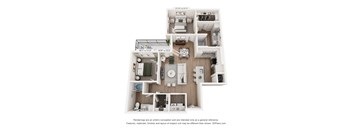 A 3D floor plan of a house with a kitchen, living room, and bathroom.