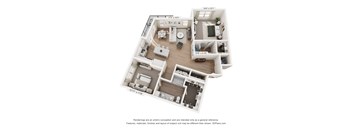 A 3D floor plan of a house with a living room, dining room, kitchen, and two bedrooms.