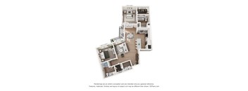 A 3D floor plan of a house with a kitchen, living room, and two bedrooms.