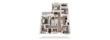 A 3D floor plan of a house with a kitchen, living room, and two bedrooms.