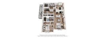 A 3D floor plan of a house with a kitchen, living room, and two bedrooms.