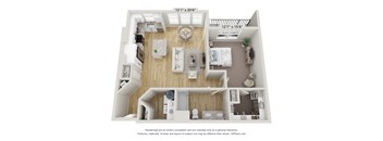A 3D floor plan of a two-bedroom apartment with a living room, kitchen, and bathroom.