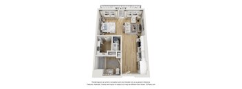 A 3D floor plan of a small apartment with a kitchen, living room, and two bedrooms.