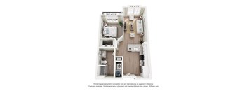 A 3D floor plan of a small apartment with a kitchen, living room, and two bedrooms.