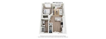 A floor plan of a small apartment with a kitchen, living room, and two bedrooms.